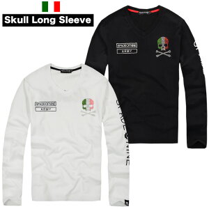 ロンTメンズスカルモドクロモチーフ長袖TシャツVネックスカルラインストーンワッペン