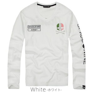 ロンTメンズスカルモドクロモチーフ長袖TシャツVネックスカルラインストーンワッペン