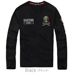 ロンTメンズスカルモドクロモチーフ長袖TシャツVネックスカルラインストーンワッペン