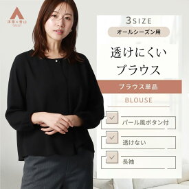 【洋服の青山】《最短当日発送》ブラウス 長袖 レディース 春夏 秋冬 ブラック 黒 無地 パール釦 プルオーバー クルーネック フロントタック 透けにくい 洗える ウォッシャブル ゆったり オフィス ビジネス 仕事 学校行事 授業参観 カジュアル 普段着 ママ