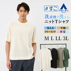 【洋服の青山】ニットTシャツ メンズ 半袖 ビジネスカジュアル サマーニット 洗える Tシャツ 春夏 ホワイト ネイビー ベージュ グリーン 白 紺 緑 クルーネック ウォッシャブル ビジネス ビジカジ 普段着 カジュアル トップス ティーシャツ クールビズ ゆったり xyz 2026