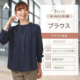 【洋服の青山】ブラウス レディース ウォッシャブル オールシーズン用 ネイビー系 紺色 ギャザーブラウス 長袖 前後2WAY 婦人服 インナー トップス ビジネス オフィスカジュアル 女性 袖口ゴムギャザー 無地 上品 クラシカル おしゃれ かわいい ANCHOR WOMAN PERSON'S