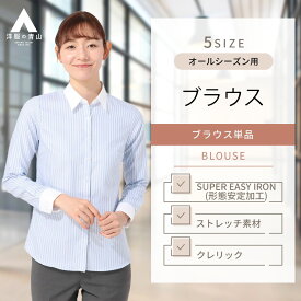 【洋服の青山】ブラウス レディース 長袖 オールシーズン ブルー 青 ストライプ レギュラーカラー 女性 トップス シャツ スーツ 綿100％ 形態安定加工 ストレッチ エレガント スーピマコットン ビジネス オフィス カジュアル おしゃれ かわいい ヒルトン HILTON