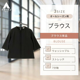 【洋服の青山】濃染加工 フォーマルブラウス レディース 7分袖 オールシーズン用 ブラック系 黒無地 ウォッシャブル 洗える ストレッチ ピンタック クルーネック シンプル 女性 春夏 秋冬 ANCHOR WOMAN PERSON'S