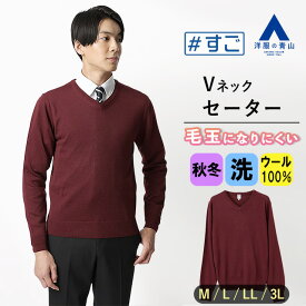 【洋服の青山】毛玉になりにくい ウール100% Vネック セーター メンズ 暖かい 秋冬用 ワインレッド 無地 長袖 毛玉CLEAR 洗える 静電気防止 スッキリ ビジネス ビジカジ オフィス カジュアル シンプル ニット アウター トップス #すごセーター おしゃれ かっこいい