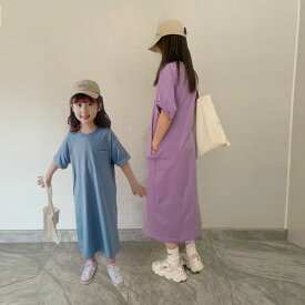 ★4日20：00～ポイント20倍★子供ワンピース 親子お揃い 女の子ワンピース ママとお揃い　子どもロングワンピース　半袖ワンピース　ゆったり 女の子 ガールズワンピース　ブルー　パープル　サマードレス 韓国子供服 fs04gm 90 100 110 120 130 140 150 160 165