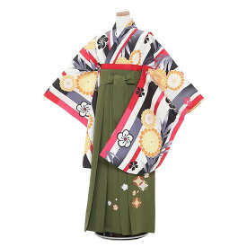 【レンタル】【あす楽】12歳前後 女児袴レンタル A028 赤グレーストライプ×グリーン袴セット 143-148cm 12歳 卒業式 小学生 卒業袴 6年生 貸衣装　子供着物【0ARA028】