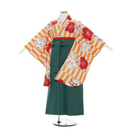 【レンタル】【あす楽】10歳前後 女児袴レンタル A031 オレンジ 矢柄 花×グリーン袴セット 138-143cm 10歳 卒業式 小学生 卒業袴 6年生 貸衣装　子供着物【0ARA031】