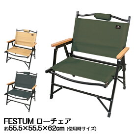 ローチェア 折りたたみ 一人掛け アウトドア チェア キャンプ 焚き火 ロースタイル 簡単設営 撤収 軽量 二つ折り 野外 屋外 キャンプ バーベキュー レジャー ソロキャンプ たきび ドライブ カーキ チャコールグレー ベージュ FESTUM 送料無料