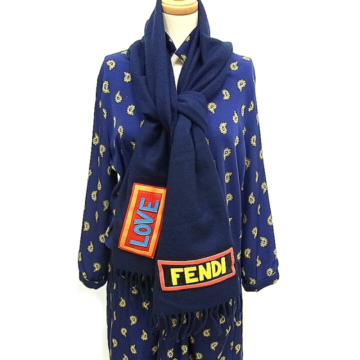 楽天市場】FENDI フェンディ ロゴ入りマフラーネイビー ウール  