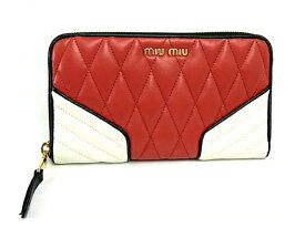 【中古品】【程度A+】【極上美品】ミュウミュウ MIUMIU 長財布 ラウンドファスナー5M0506　ナッパ　バイカーカラー　キルティング　NAPPA BIKER COLOUR ROSSO+BIANCO