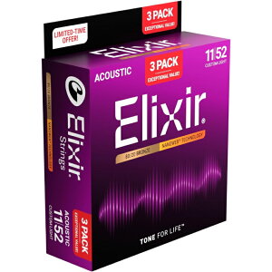 Elixir �G���N�T�[ �A�R�[�X�e�B�b�N�M�^�[�� 3�Z�b�g���� �v�����[�V�����p�b�N NANOWEB 80/20�u�����Y Custom Light .011-.052#16564 (11027 3�Z�b�g) �y�������K�i�z