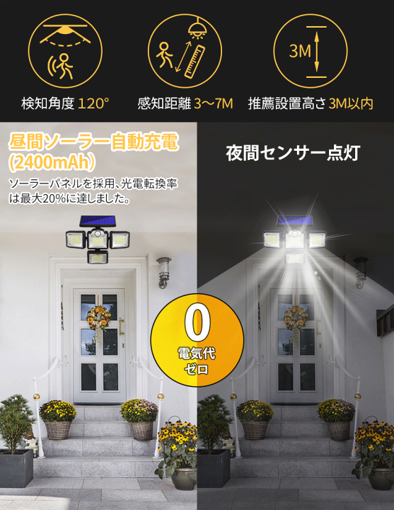 楽天市場】ソーラーライト 屋外 防水 センサーライト 分離型 一体型