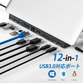 USB C ラップトップ ドッキングステーション 12-in-1 USB-C ハブ デュアルHDMI 4K@30~60Hz、4*USB-A、USB-C、オーディオ、イーサネット、SD/TF リーダー、PD-in (100W Max)、MacBook Pro Air、HP、Dell、Lenovo、Aus、Acerなど用