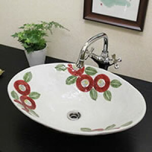 【10月24日20時開始ポイント10倍】信楽焼 つばき絵小判型手洗い鉢 飽きのこない洗面鉢 お洒落な洗面器 手洗器 手洗鉢 洗面ボール 洗面シンク 陶器 洗面台 手洗い鉢 洗面ボウル 洗面陶器 やき