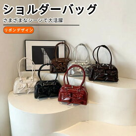 リボンショルダーバッグレディース小さめ横長ミニボストントートバッグバレエコア可愛いおしゃれPUレザー軽量肩掛けバッグ通勤通学
