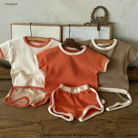 ベビー服上下セットベビー夏服セットアップ半袖Tシャツ＆ショーツセットコントラストカラー縁取りワッフル仕様パジャマルームウエアベビー赤ちゃん子供夏用涼しい薄手男女兼用女の子男の子