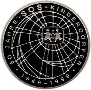 【プルーフ】 ドイツ SOS子どもの村50周年記念 10マルクプルーフ銀貨 1999年