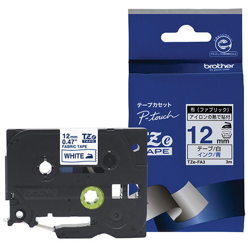 ブラザー TZe-FA3  ラベルライターピータッチ用 布テープ(ファブリックテープ) 白テープ 青文字 幅12mm 長さ3m