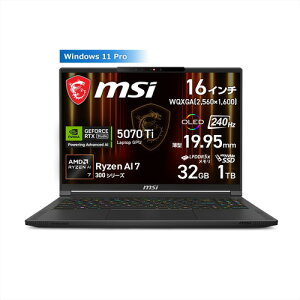 MSI m[gPC Stealth A16 AI+ A3HW Stealth-A16-AI+A3HWHG-6459JP[16^ | WQXGA | Ryzen AI 7 | 32GB | 1TB | Windows 11 Pro]