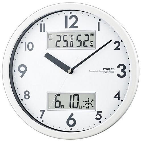 ノア精密 W-631 保障 WH MAG ダブルメジャー 連続秒針機能 返品不可 ホワイト カレンダー表示付 温 湿度計付掛時計