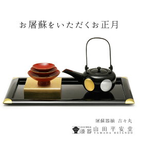 【宮内庁御用達　漆器 山田平安堂】屠蘇器（とそき）揃 吉々丸（銚子 吉々丸＋三ツ組盃＋盃台＋長角盆 隅金）