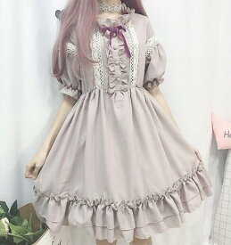 ワンピース ロリータ 半袖ワンピース ハイウエスト 春夏秋　フリル 膝丈 姫系 ゆったり ゴスロリ ファッション Lolita プレゼント 可愛い　日系　リボン　フレア