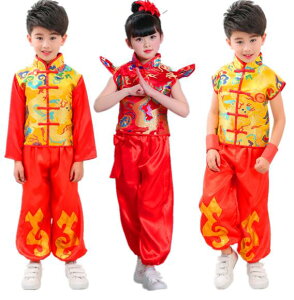 チャイナ子供武術服 チュールスカート 8タイプ 刺繍ワンピース キッズ上下セットアップ 半袖/長袖/中華風舞台ダンスウェア ダンスライオン 太極拳武術ダンス演出服 幼稚園 中