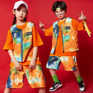 キッズダンス衣装 社交ダンス衣装 キッズ ジャズヒップホップダンス衣装セットアップ ベスト ハーフパンツ プリント 男の子 ガールズ 女の子 ダンスウェア 男女兼用 hiphop 演出服 オシ