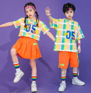 ヒップホップジャズ子供ダンス衣装　キッズ上下2点セット 　アイスクリーム柄tシャツ+ショートスカート …