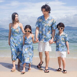 夏親子ペア衣装 新品 家族お揃いハワイ風メンズ/男の子アロハシャツパンツ上下2点セット リゾートレディース/女の子ワンピース 花柄 旅行親子コーデ ペアルック 上下セットアップ