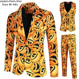 即納！在庫処分！ハロウィンメンズスーツセットカボチャハロウィン元素　 髑髏 ジレベスト　長パンツ　タキシードジャケット　ハロウィンコスプレHalloween　2点セット　二次会コスプレステージ演出服アウター　舞台ダンスウェア　団体服　発表会　カラオケ　パーティー