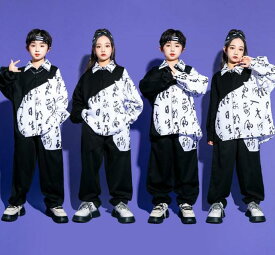 中華風ダンス服　子供服　ヒップホップジャズダンス衣装　太極拳服兼用　切り替え　長袖シャツ　黒パンツ2点セットアップ キッズ 長袖シャツ hiphopjazzダンス衣装 男女兼用　110-180　春秋冬ウエストゴム