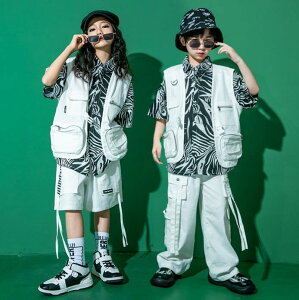 子供ヒップホップジャズダンス衣装 マルチベストゼブラ柄シャツ 半袖 ハーフ/ロング丈パンツ2点/3点セットアップ サルエルパンツ 団体服 jazz春夏子供社交ダンス衣装キッズHIPHOP 舞