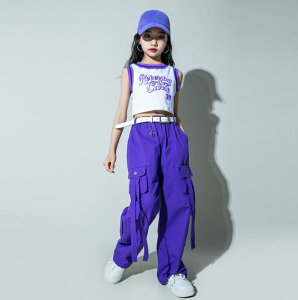 女の子ヒップホップジャズダンス衣装 臍出しタンクトップtシャツ+ロング丈サルエルパンツ2点セットアップ チアガール団体服 jazz春夏子供社交ダンス衣装キッズHIPHOP 舞台演出服 発表会