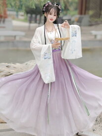 レディース大きい裾漢服　大人唐装漢服グラデーション 振袖シャツ　キャミソール　ロング丈スカート3点セット　クリスマスハロウィン中華古風舞台ステージ衣装　中国古代宮廷風コスプレ衣装　コスチューム イベント学園際文化際　写真撮影　古典美人服チャイナドレス