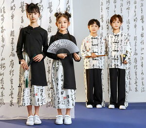 子供ヒップホップダンス衣装 キッズ中国風ヒップホッジャズダンスウェア 長袖春秋男女チャイナ風漢服シャツ+スカート/パンツ2点セットアップ 中華風HIPHOP 太極拳服 武術服 カンフー