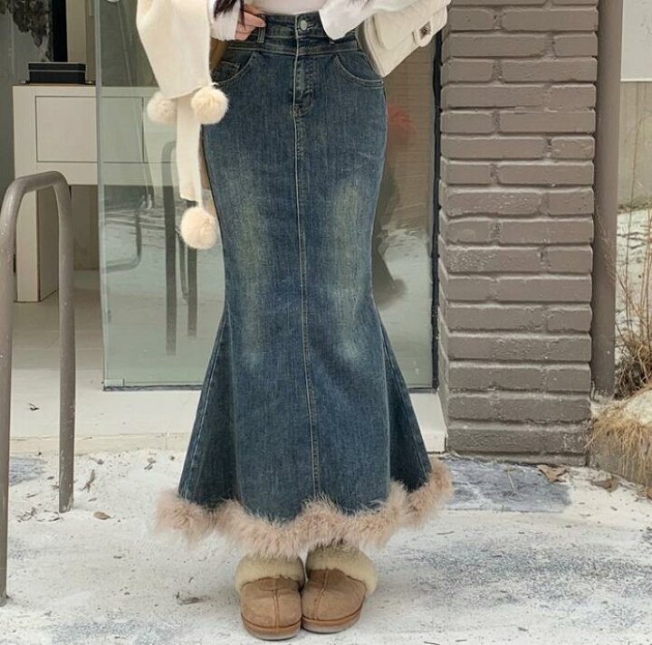 楽天市場】デニムスカート マーメイドスカート 秋冬 ファイクファー  