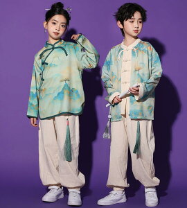 子供中華風漢服 舞台演出ウェア チャイナブラウス+ロング丈パンツ 太極拳服 チャイナ風女の子男の子セット 武術衣装 カンフー演出 春秋中華コスプレ衣装 日常服 中華服 中国コス