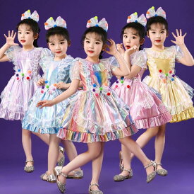 女の子舞台ダンス衣装 フレアワンピース　お嬢風ドレス　光沢生地　Aライン　リボン　チュチュスカート　カチューシャおまけ　子供ピアノ演出　ds チアダンス衣装　チアガール　チーム団体演出服舞台ステージ衣装