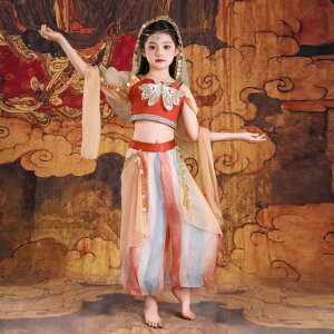 子供敦煌古典舞踊ダンス衣装 チャイナ風 華流 女の子ベリーダンス衣装 5点セット ゆったりパンツアラビアン衣装 古代宮廷踊りダンス衣裳110-160cm ハロウィン衣装 アラジン ジャスミン風 ベ