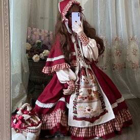 ロリータワンピース　メイド洋服 エプロン　リボンフレア　レディースロリータドレス　マント　豪華二次元ロリータドレス　普段着　ゴスロリ Lolita コスプレ 姫様 魔女 クリスマス仮装 変装　写真撮影