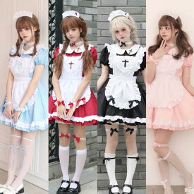 レディースロリータワンピース　メイドCosplay洋服　エプロン　リボン　フレアLolitaワンピース　十字架　ハート　半袖二次元ロリータドレス　普段着　クリスマスゴスロリ Lolita コスプレ 姫様 魔女 仮装 変装　大きいサイズ　S～5XL