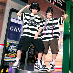 子供ヒップホップダンス演出服 ボーダー柄ポロシャツ カーゴパンツ ファッション 大きいサイズ子供服ジャージ ヒップホップダンス衣装 キッズジャズダンス衣装 女の子 男の子春