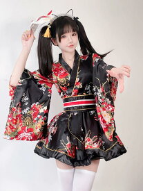 着物コスプレ衣装 ハロウィン　cosplay浴衣 3色　和服+ベルト2点セットアップ　バックリボン　着物ミニドレス クリスマス仮装 コス 変装 制服 コスチューム 大人 花柄　舞台演出ダンス衣装　和服 和装　卒業式 文化祭 余興 ハロウィン　クリスマス