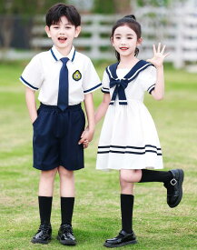 子供セーラー服　学園制服　マリン風　男の子半袖tシャツ上下セット　女の子セーラーワンピース　キッズセーラーカラー　幼稚園中高生ダンス衣装　イベントダンス衣装　靴下おまけ！