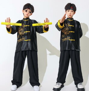 子供武術服 男女兼用中華服 龍柄プリント 太極拳服キッズ武術服上下2点セットアップ ヒップホップジャズダンス衣装 新作長袖シャツ+ロング丈パンツ 舞台衣装/団体服/朝練/試合選択