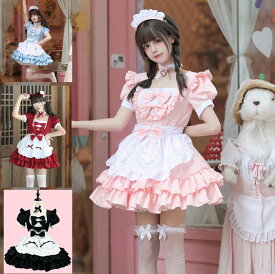 可愛いロリータメイド服　少女ロリータドレス ショート丈 ハロウィンコスプレ衣装 レディースメイド服 半袖コスチューム リボン 女装仮装 可愛い lolita ロリータエプロンドレス ウェイトレス 女子 学生 萌え萌え 変装S-5XL