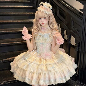 ロリータワンピース 可愛いジャンパースカート レディースロリータキャミソールワンピース 姫系 プリンセス風 リボン レース 重ねLolita洋服 大人 ティアードドレス甘ロリ ロリータ JSKワンピース
