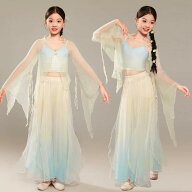 子供 古典ダンス衣装 3点セット 女の子チャイナ風ダンス服 シースルtシャツ 飄逸なキュロットスカート グ…